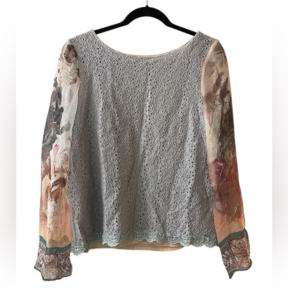 Sundance Gray Eyelet Lace Silk Sheer Sleeve Crewneck Boho Blouse Medium